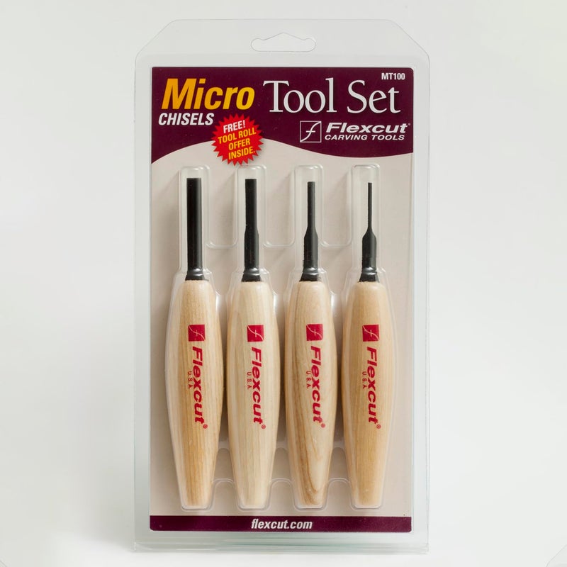 FLEXCUT Carving Tools, Chisel Micro Tool Set, High-Carbon Steel Blades, with Solid Ash Handle, Set of 4 (MT100) Mini Tool Box - Image 2